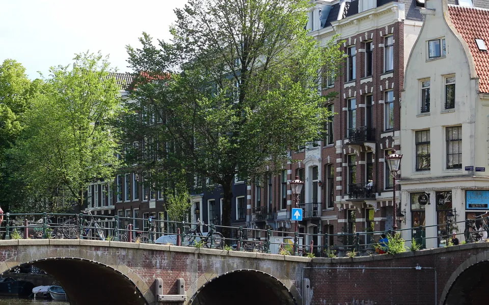 Amsterdamse grachtenbrug met grachtenpanden en bomen